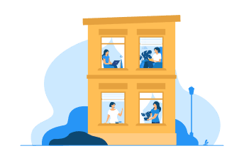 建物の窓からそれぞれの部屋でくつろぐ人々を描いたイラスト、心地よい生活環境を表現